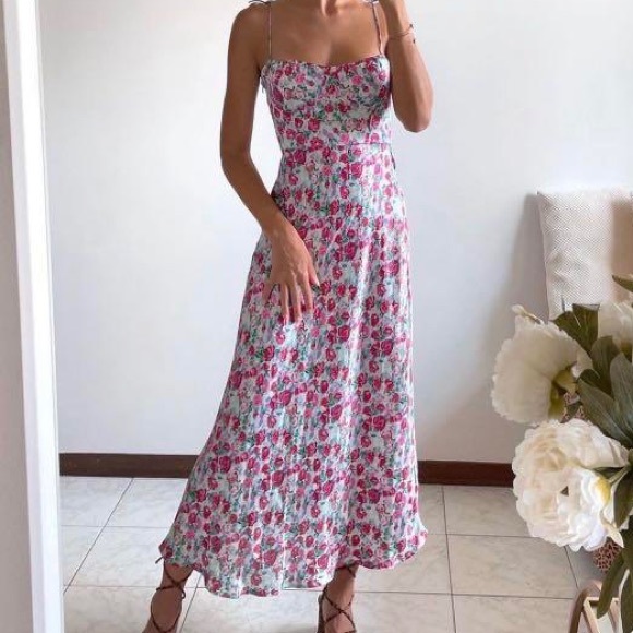 Zara | Dresses | Zara Silk Floral Print Camisole Dress Flower Rose Pink  Blue Midi Maxi Summer | Poshmark